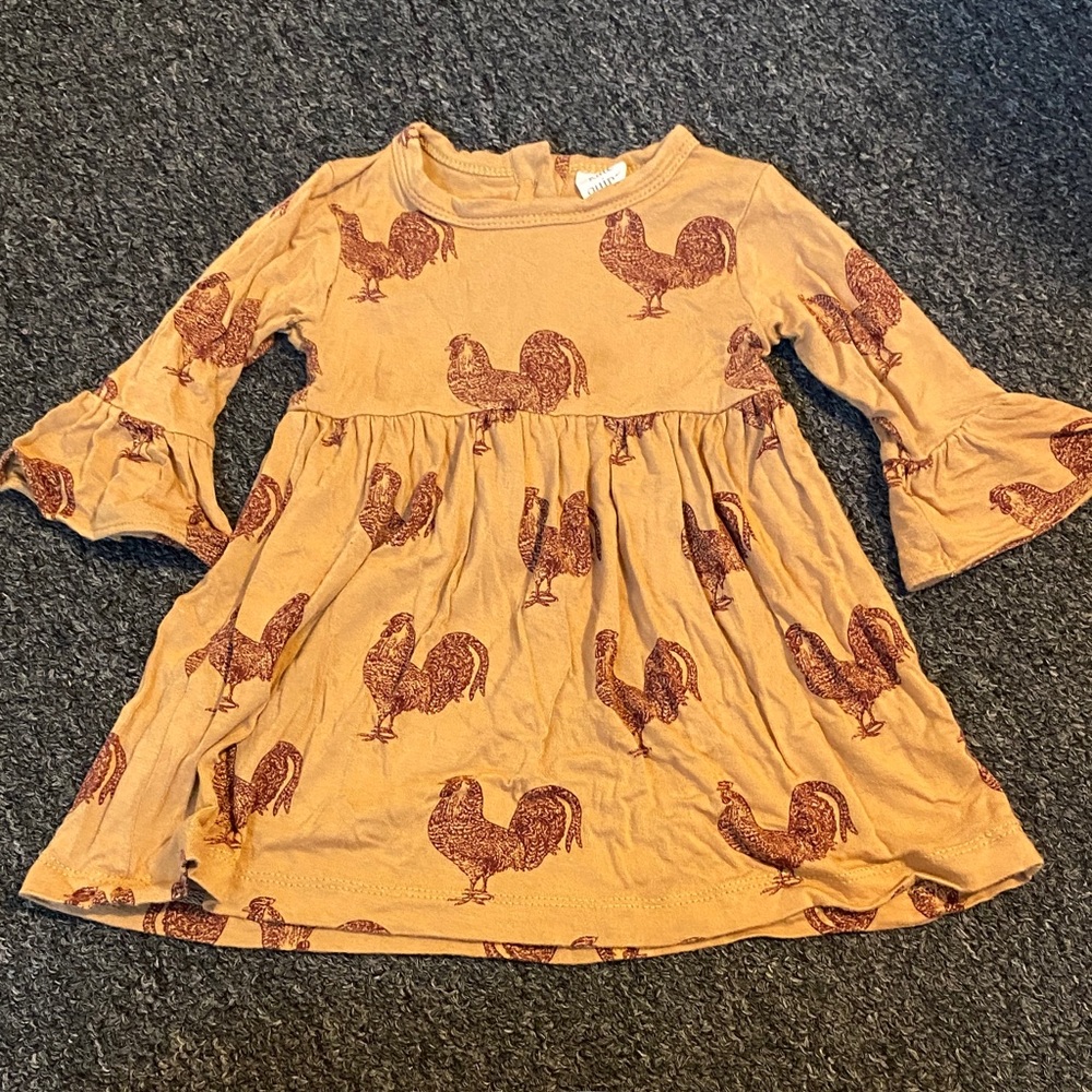 Kids Rooster Print Bell-Sleeve Dress - Mustard